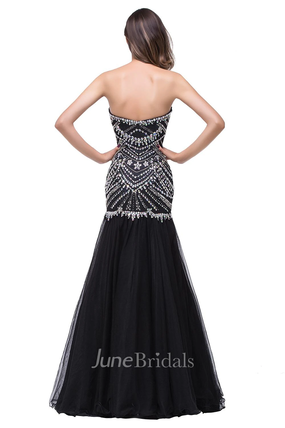 Glamorous Crystals Black Mermaid Prom Dress Sweetheart Sleeveless Zipper