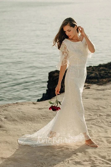 Ethereal Sheath Bat Sleeve Wedding Dress with Low-V Back and Sweep Train