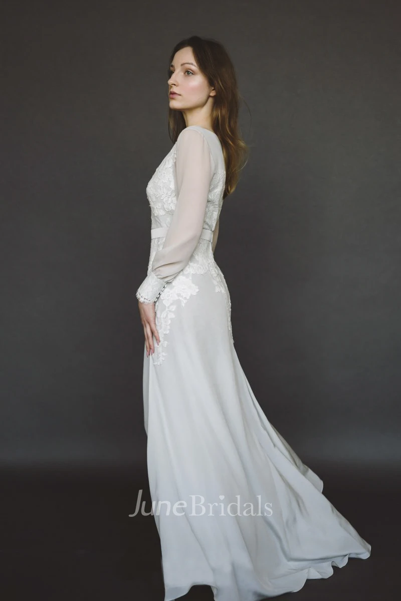Chiffon Split Wedding Gown With Long Poet Sleeve And V-neck And Lace Appliques