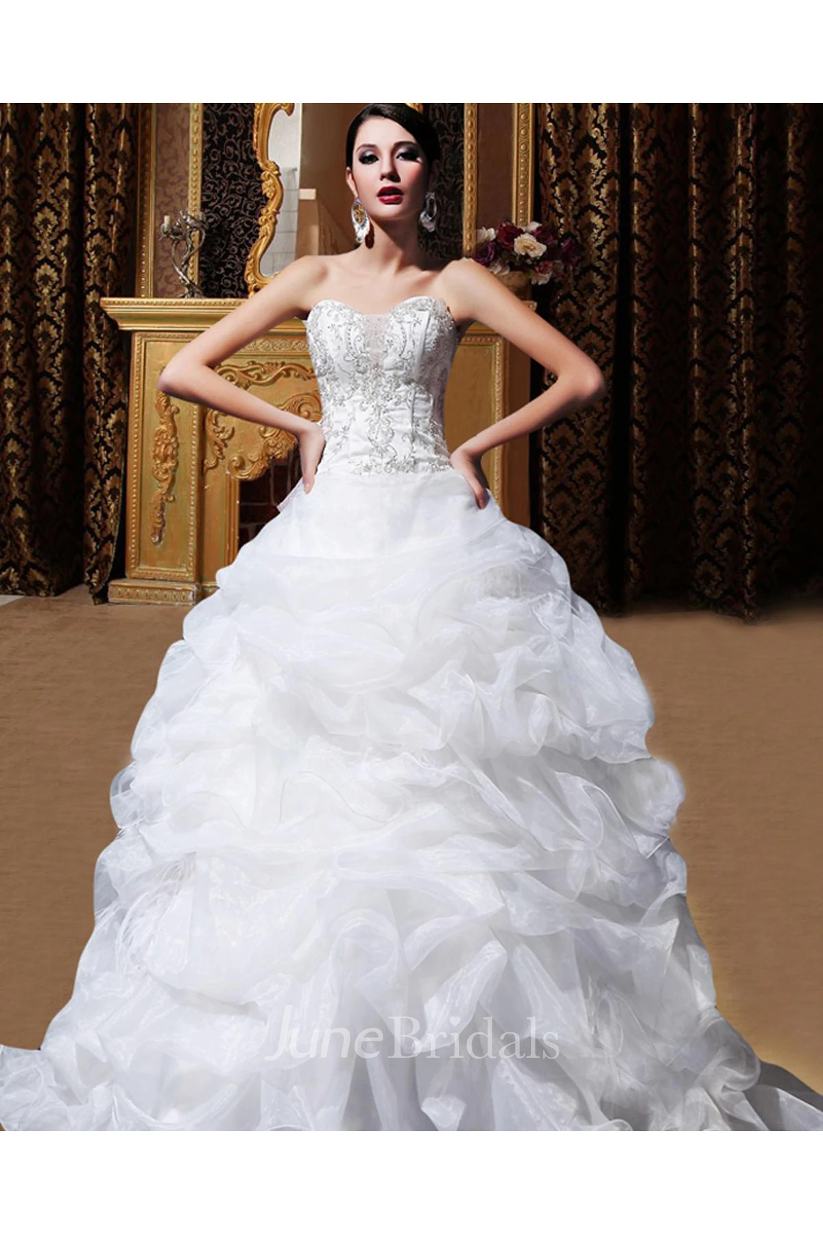 Sweetheart Organza Beading Ball Gown Wedding Dress With Ruffle Chapel Train