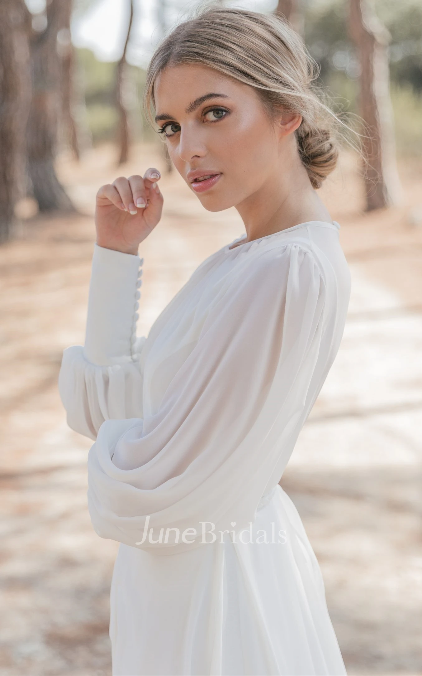 Simple A Line High Neck Chiffon Chapel Train Wedding Dress with Ruching