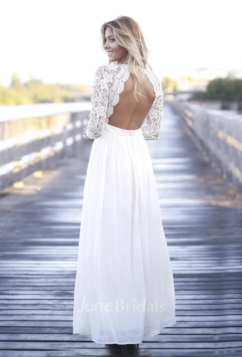 Scalloped Plunging Boho A-line Lace Long Sleeve Open Back Chiffon Gown