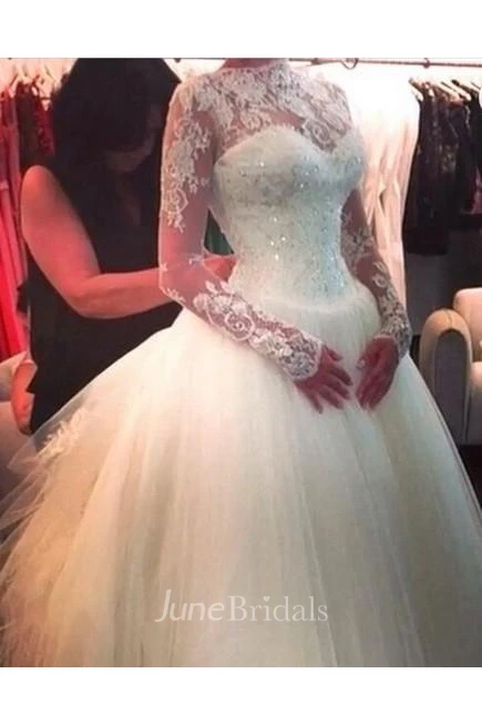 Glamorous High Neck Long Sleeve Tulle Wedding Dress With Beadings Lace Appliques