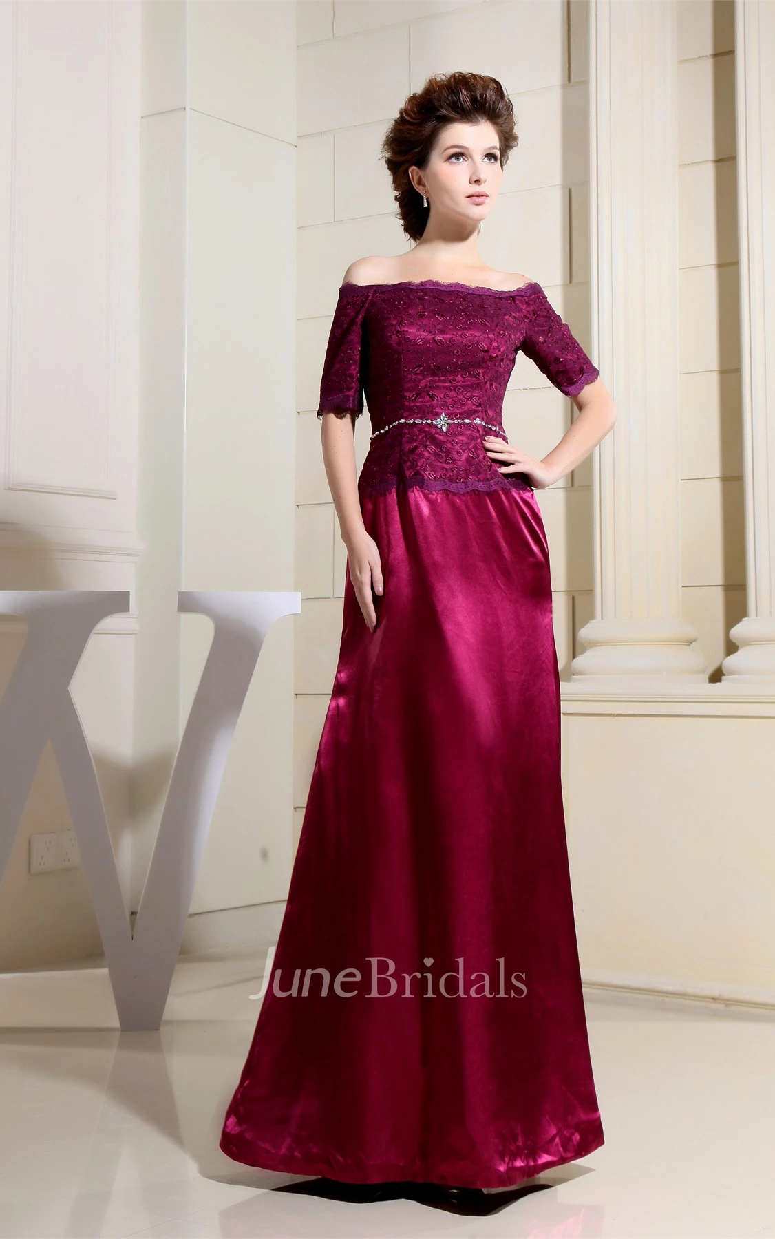 Off-The-Shoulder Short-Sleeve Satin Sheath Gown with Appliqued Top