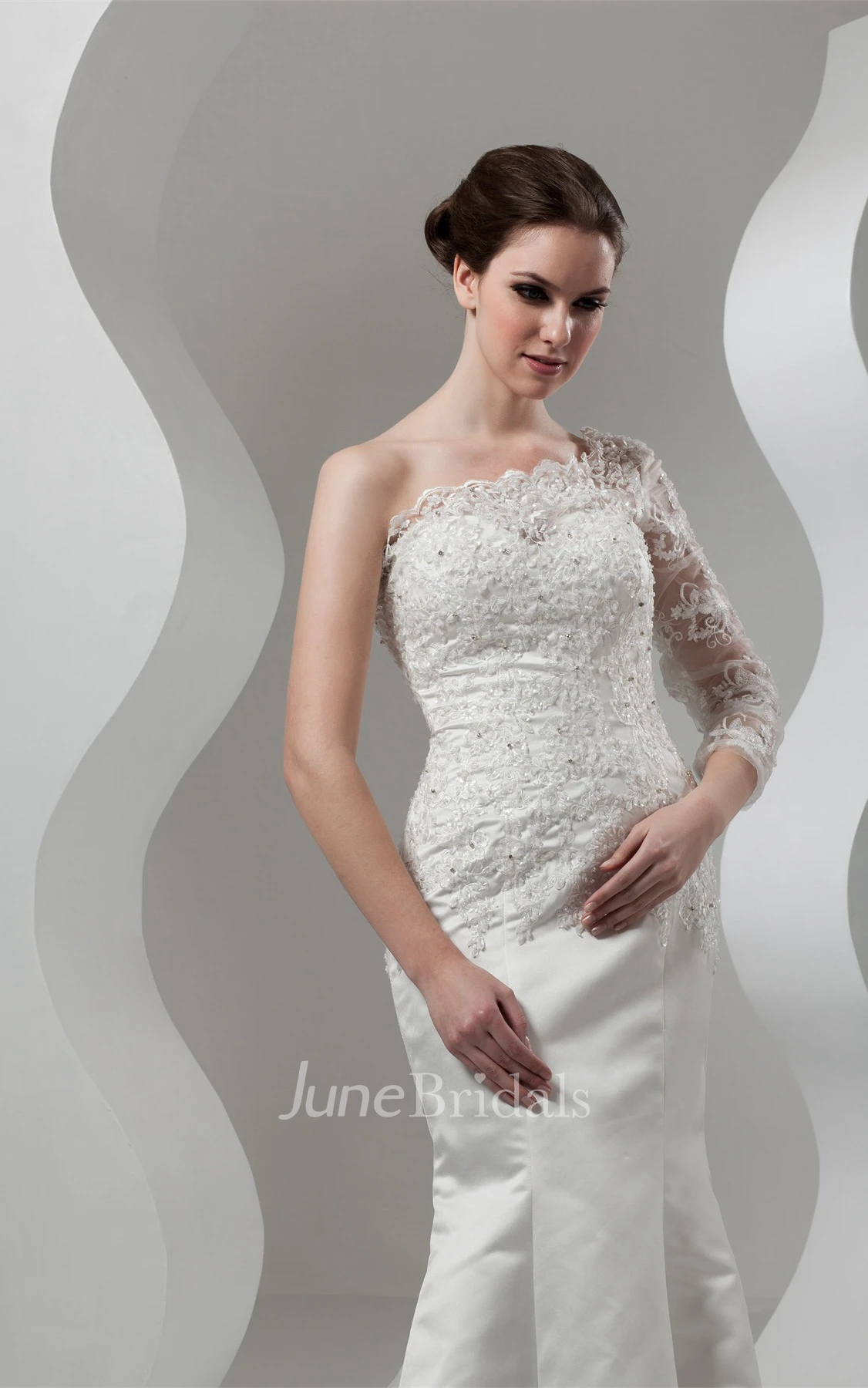 Asymmetrical Mermaid Appliqued Gown with Illusion One Sleeve