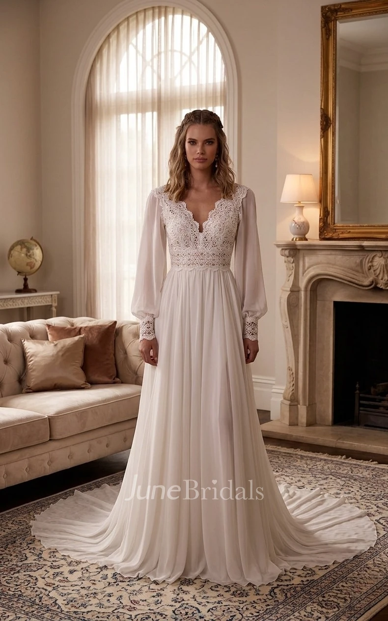 Long Sleeve Vintage A-Line Wedding Dress Lace V-Neck Chiffon Bridal Gown