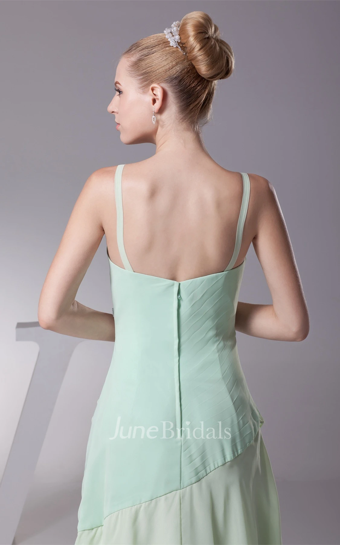 Spaghetti-Strap Plunged Chiffon Long Dress with Beading and Layers