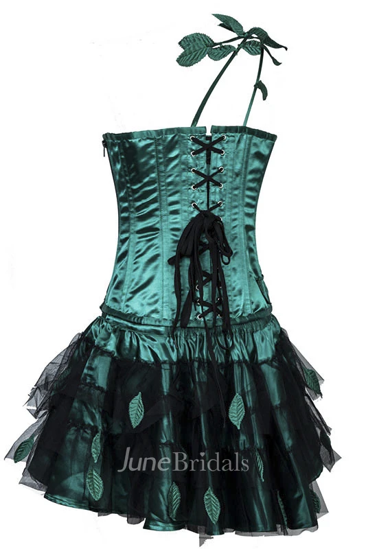 One Shoulder Green And Black Corset Dress With Leaves Appliques And Tiers