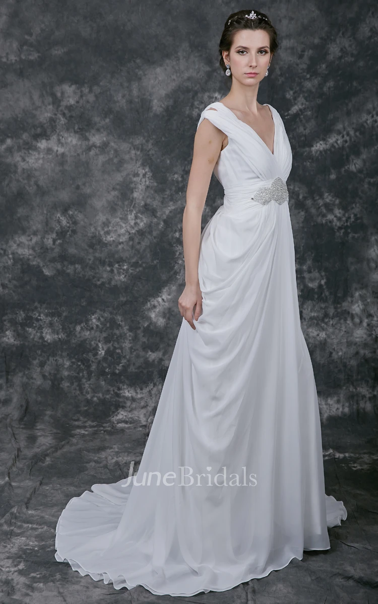 Stunning Crinkle V-neck Chiffon Sheath Gown With Crystal Beaded Empire