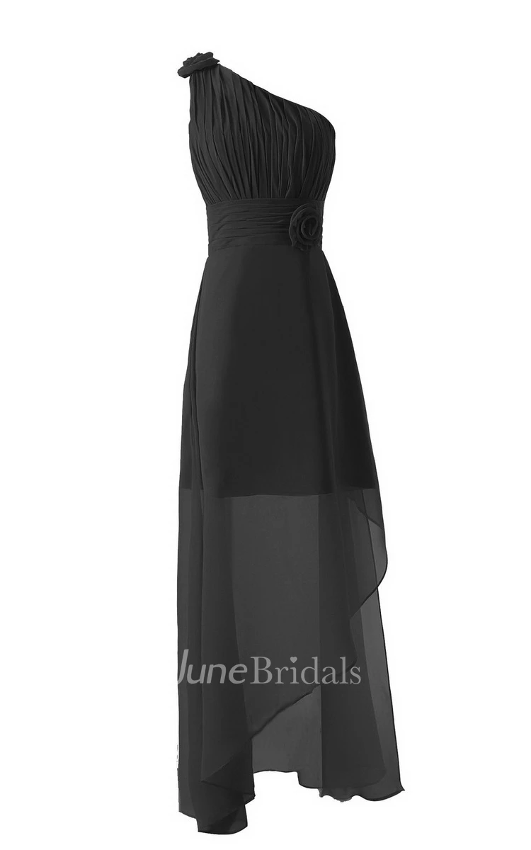 Asymmetrical One-shoulder Pleated Chiffon A-line Dress With Flowers