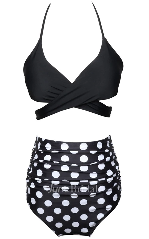 Floral and Plain Halter High Waist Bikini Set