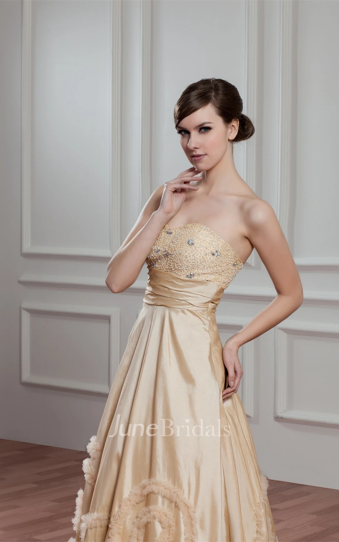 Sweetheart Pleated A-Line Gown with Ruffles and Beaded Top
