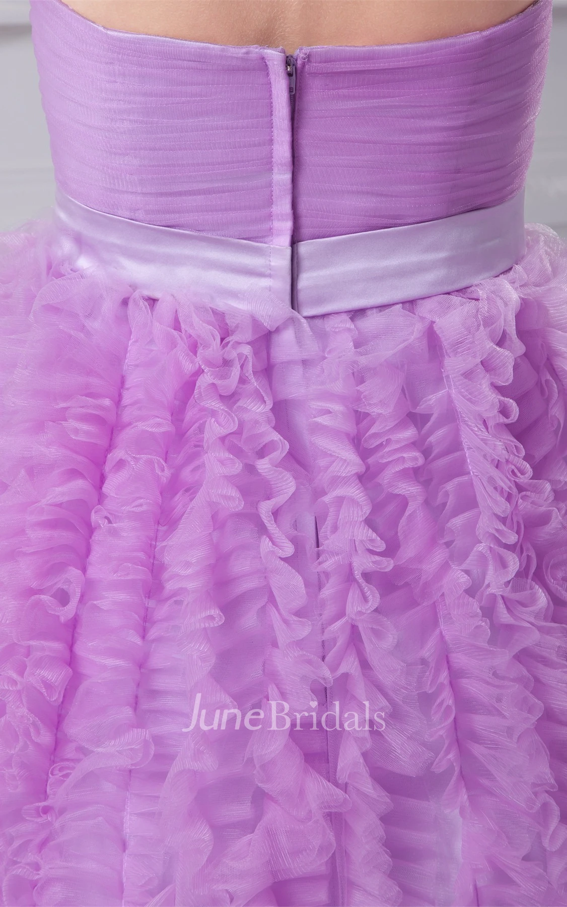 Strapless Ruched A-Line Gown with Ruffles and Broach