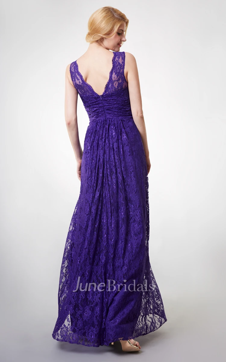 Country Style V-neck Long Lace Bridesmaid Dress