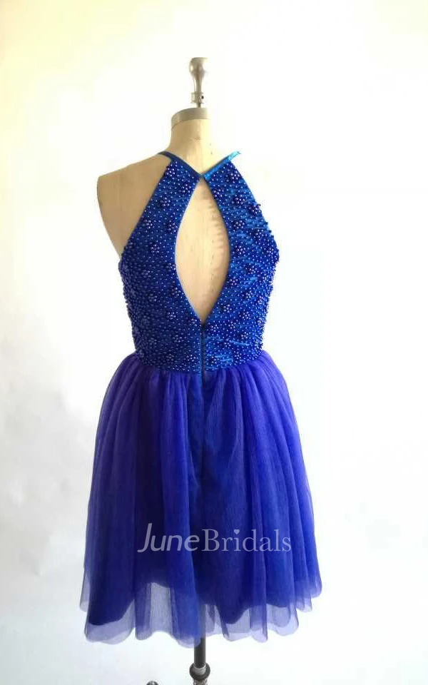 Short Sleeveless Beaded Tulle Gown