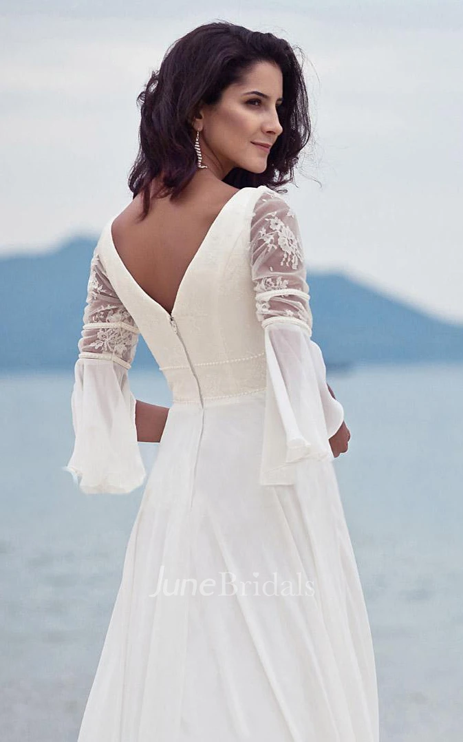 A Line V-neck Chiffon Lace Floor-length Half Sleeve Wedding Dress