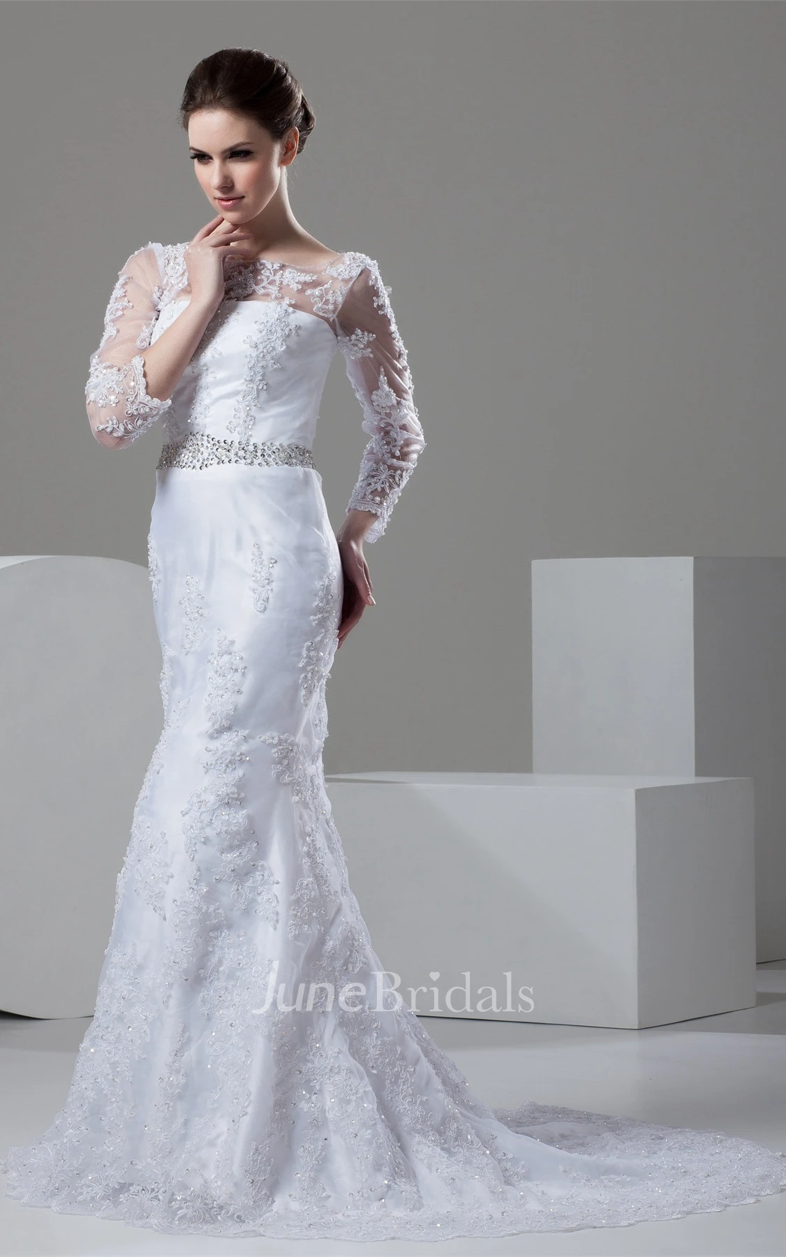 Bateau-Neck Long-Sleeve Mermaid Lace Dress with Illusion