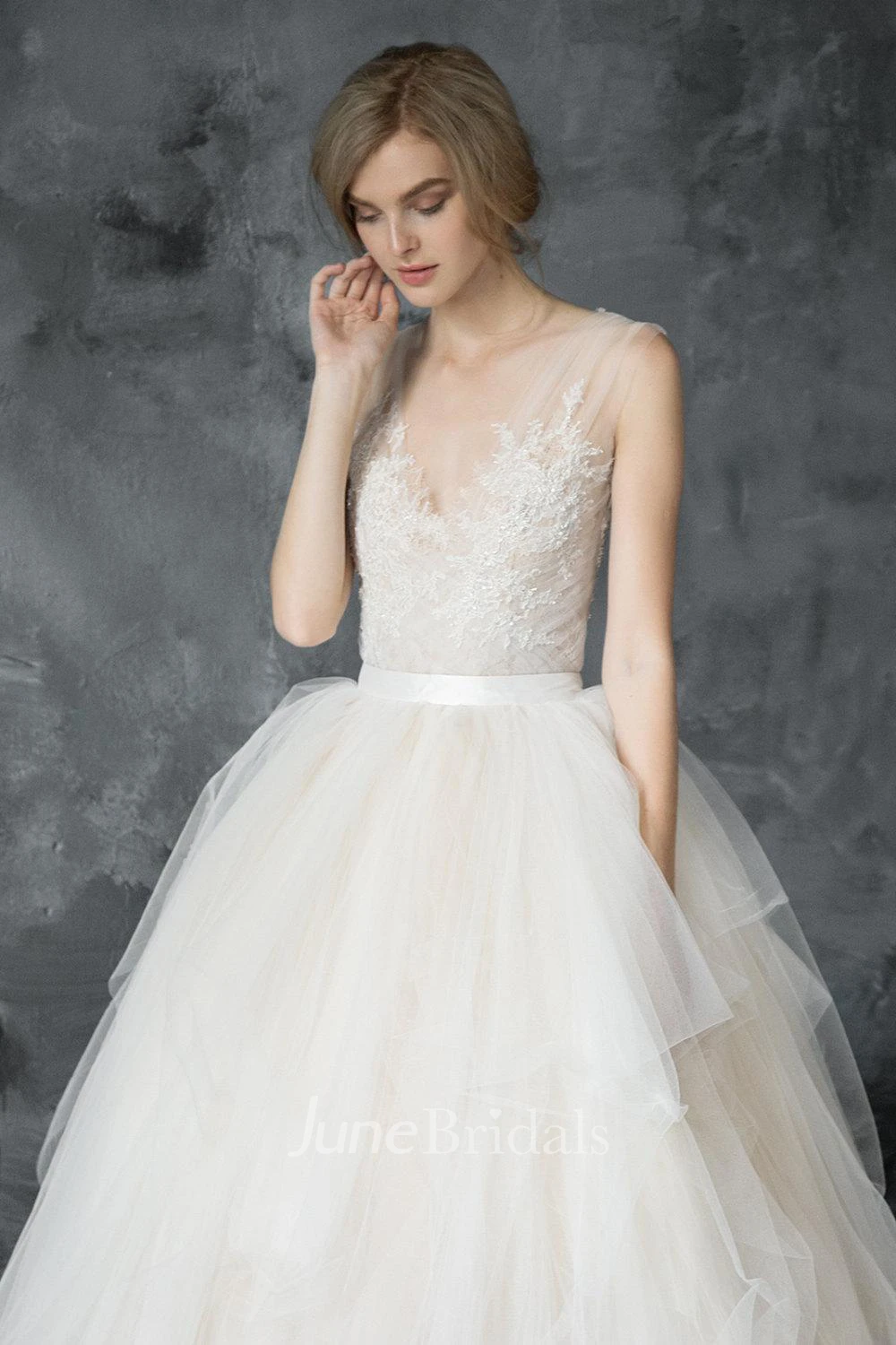 Plunged Sleeveless A-Line Tulle Ball Gown With Lace And Court Train