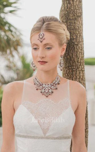 High Neck Sleeveless Lace Sheath Dress With Waist Jewellery