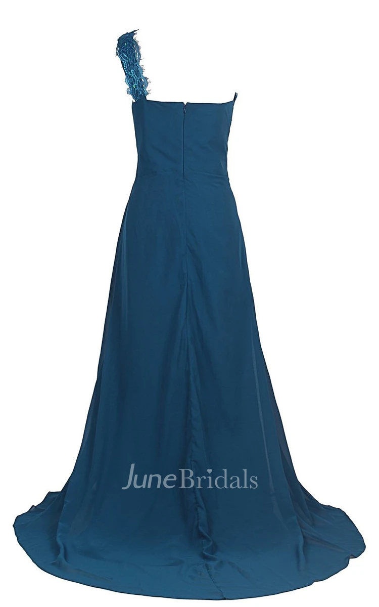 One-shoulder Sweep Train With Ruching and Zipper Back