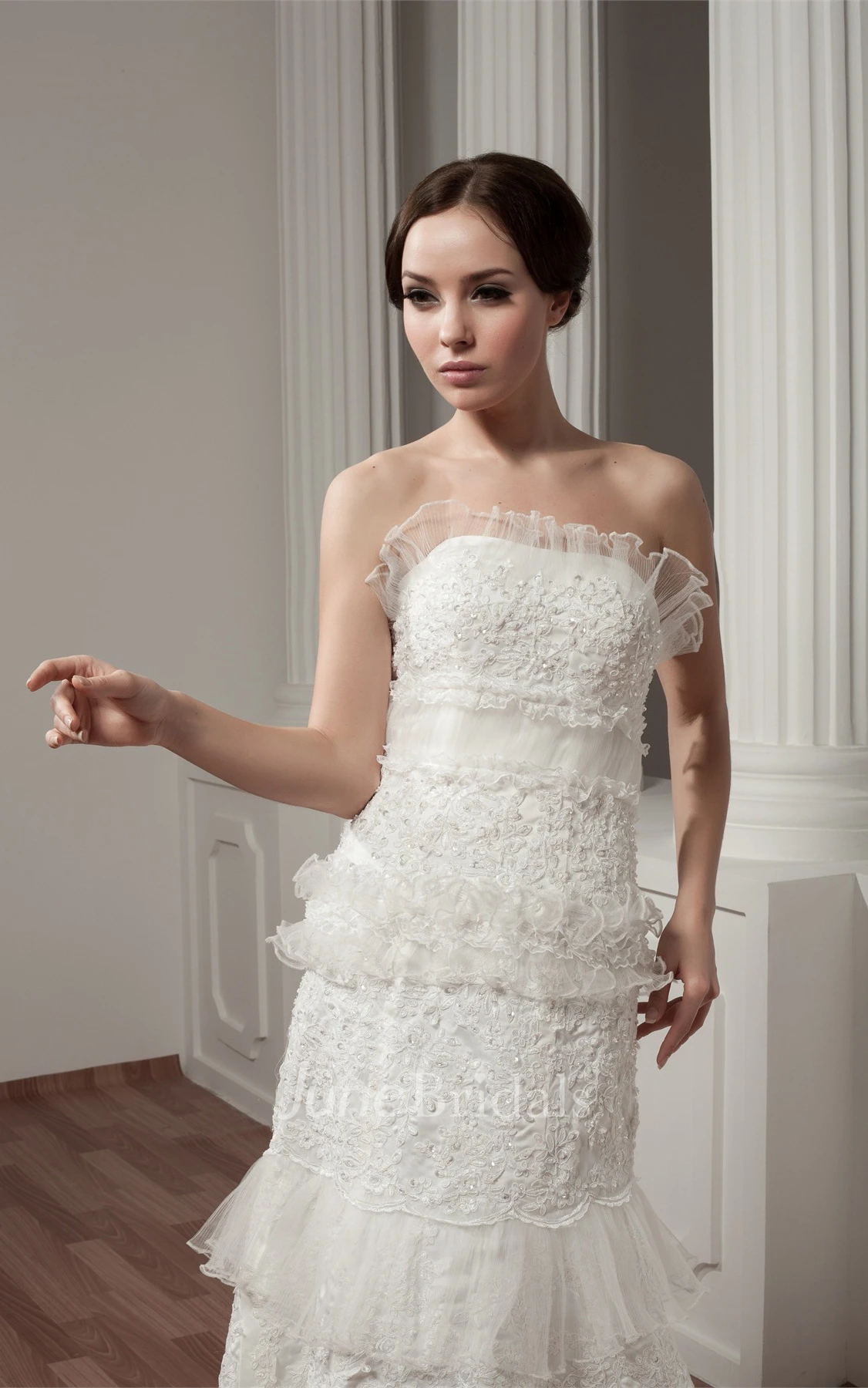Strapless A-Line Ruffled Gown with Appliques and Peplum