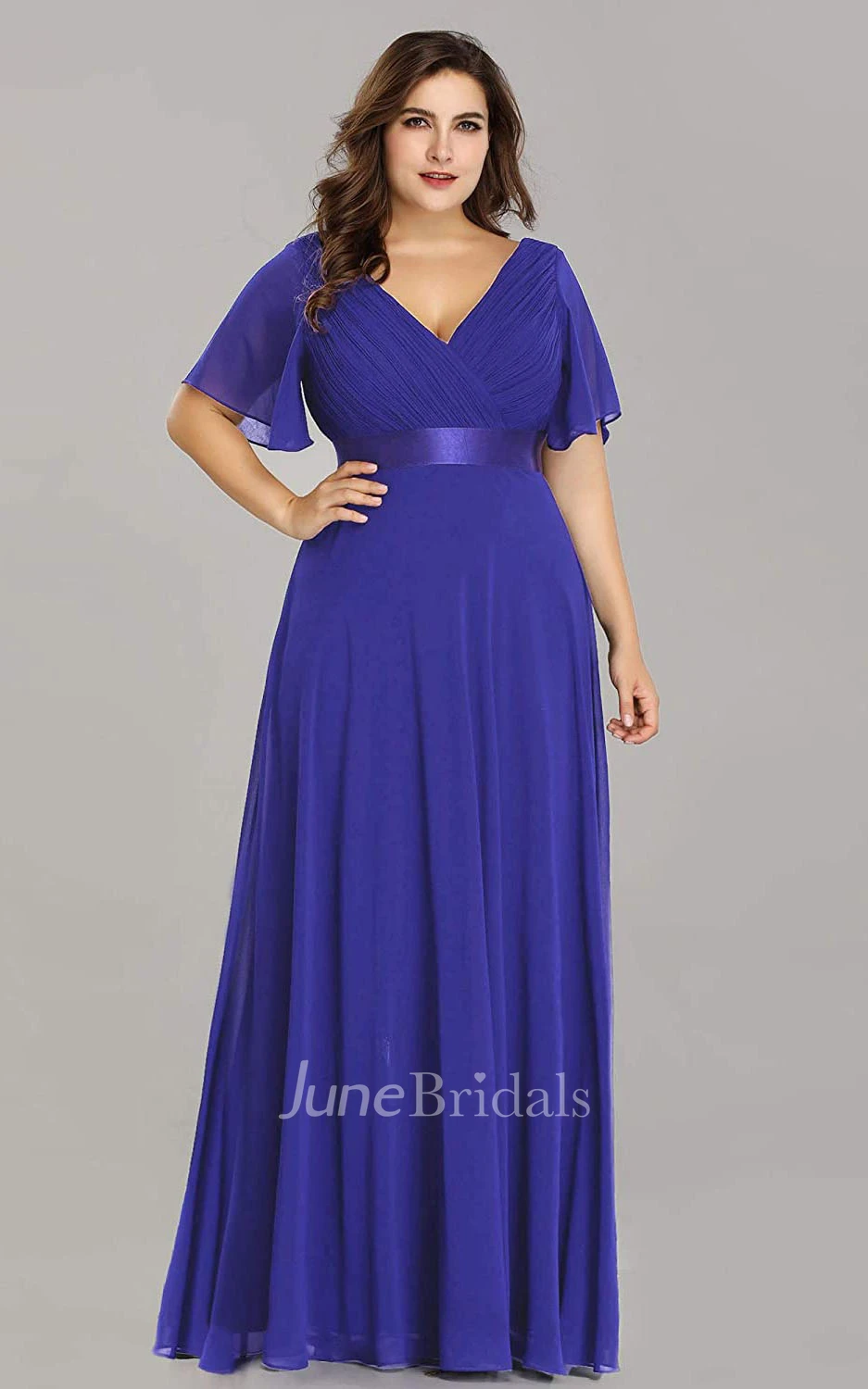 A Line V-neck Chiffon Half Sleeve Prom Dress With Criss Cross and Ruching