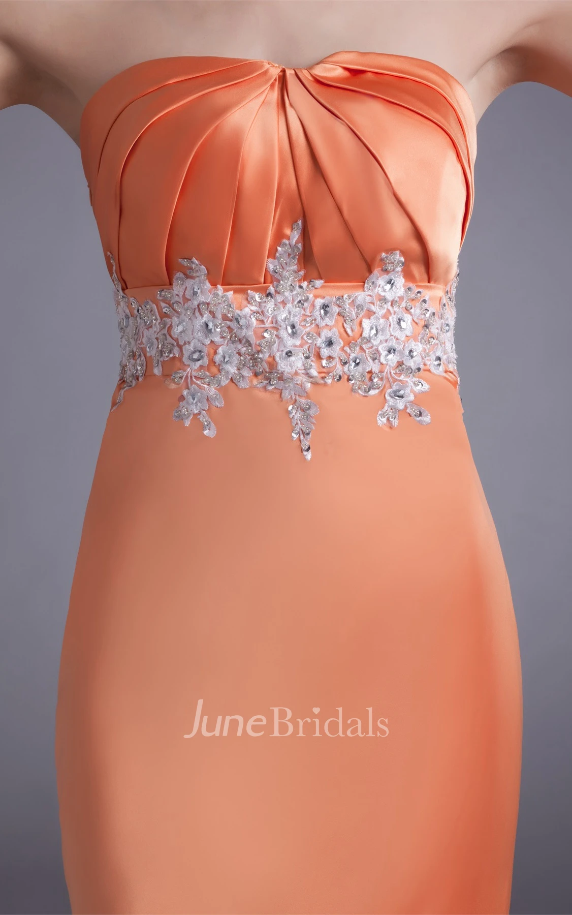 satin sheath strapless dress with appliqued waist