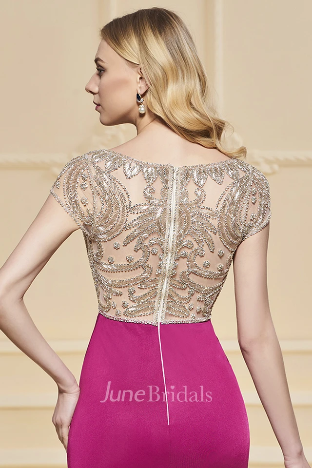 Sexy Plunging Illusion Sheath Satin Two Tune Gown With Beading