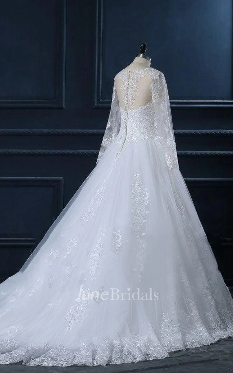 High Neck Long Sleeve Cathedral Train Tulle Lace Dress With Button