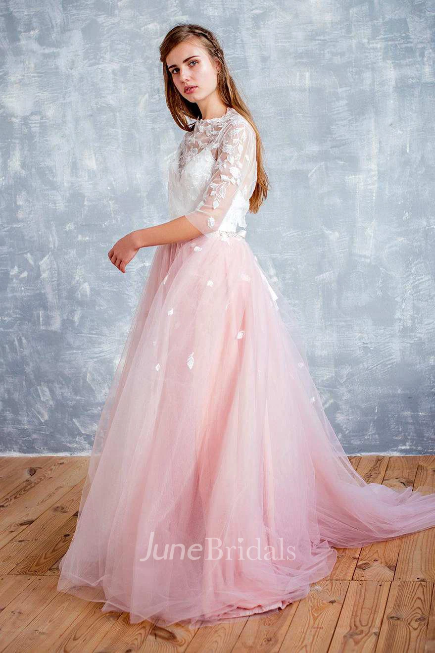 Jewel-Neck Half Sleeve Appliqued Tulle A-Line Wedding Dress With Beaded Waist