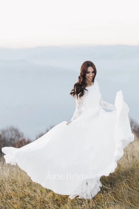Chiffon Long Sleeve Illusion Wedding Dress With Deep V-back And Court Train