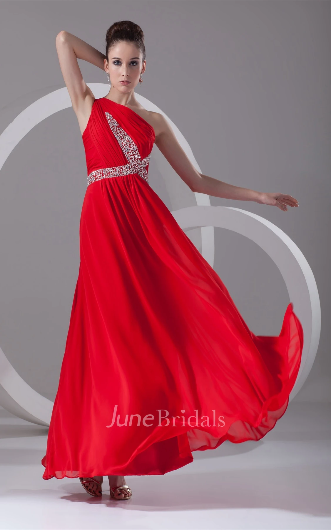one-shoulder ankle-length chiffon dress with cross beading and ruching