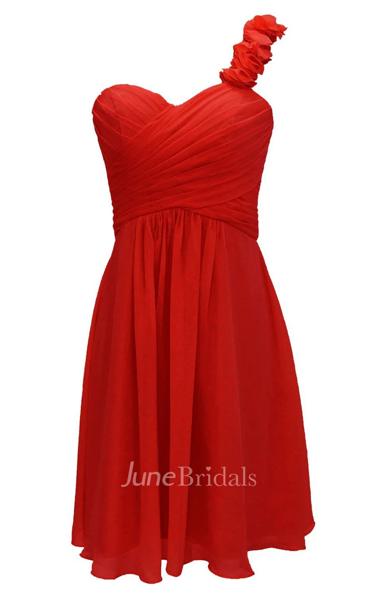 Floral One-shoulder Pleated Short Dress With Lace-up Back