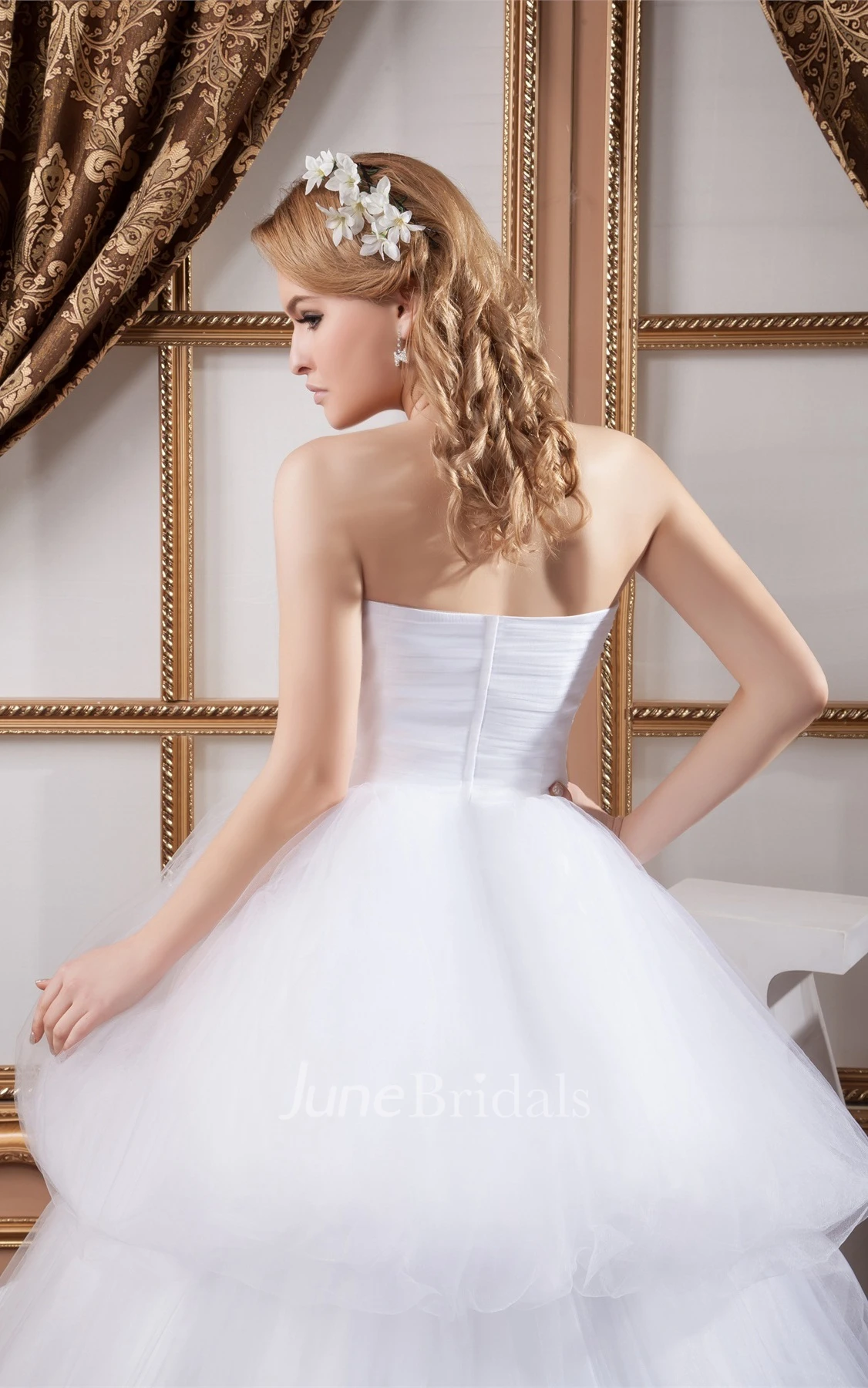 Strapless Tulle Ball Gown with Tiers and Flower
