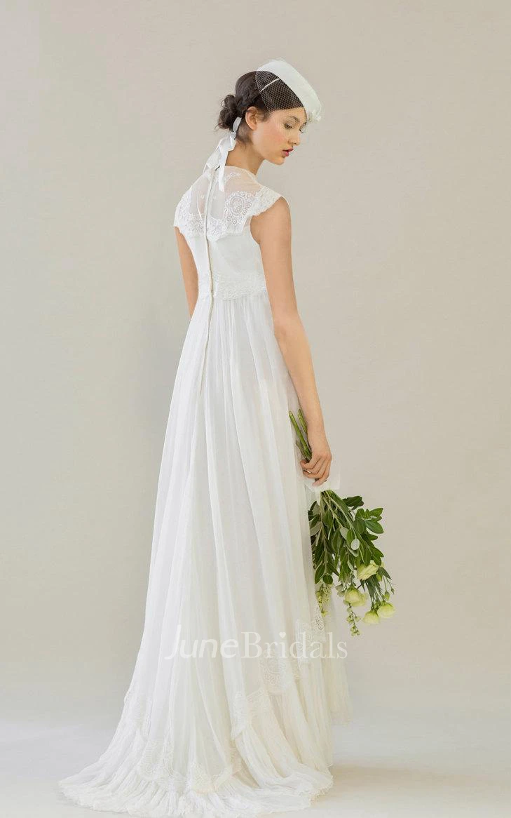 High Neck 1960S Empire Wedding Dress With Lace Top