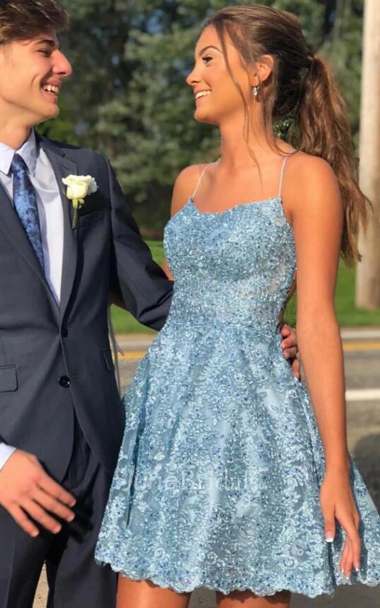 Elegant Short Sleeveless Lace A Line Tied Back Homecoming Dress with Beading