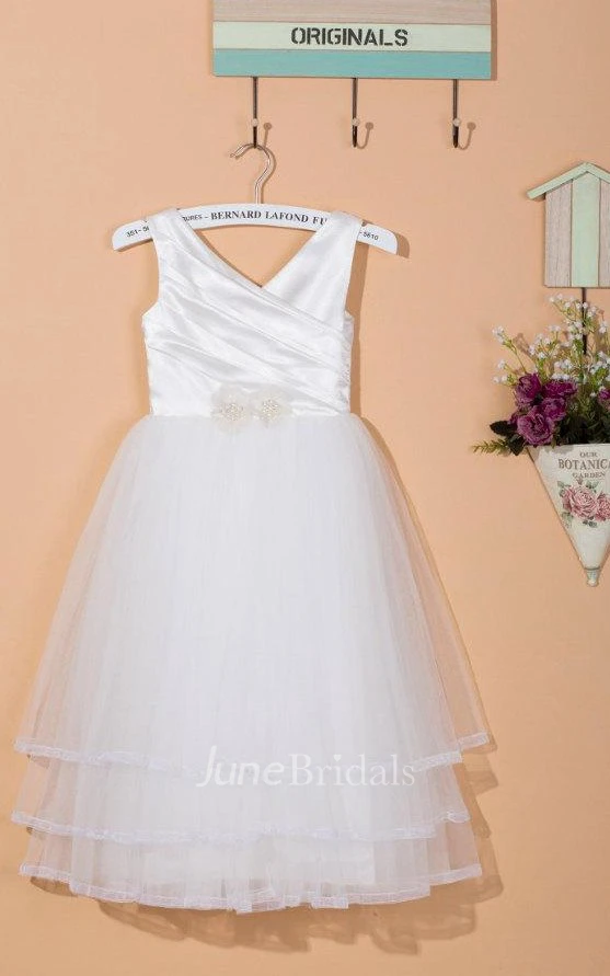 Sleeveless V-neck Layered Tulle&Satin Dress With Flower