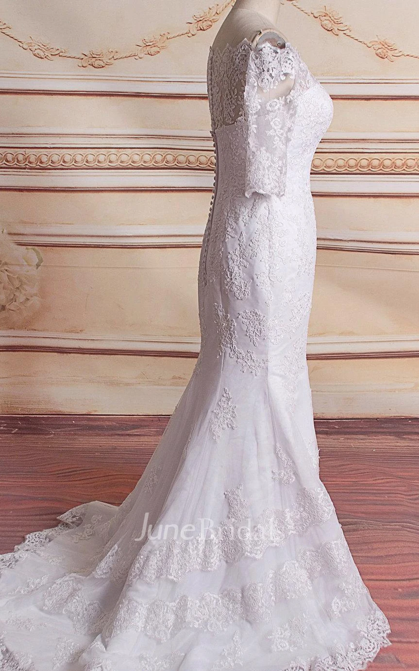 Mermaid Off-The-Shoulder Half Sleeve Lace Satin Dress With Appliques