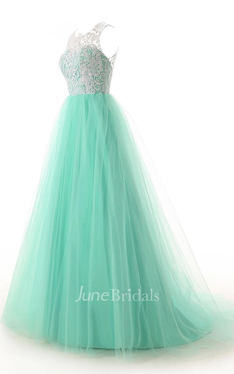 Scoop Necline Lace Bodice Dress With Tulle Skirt