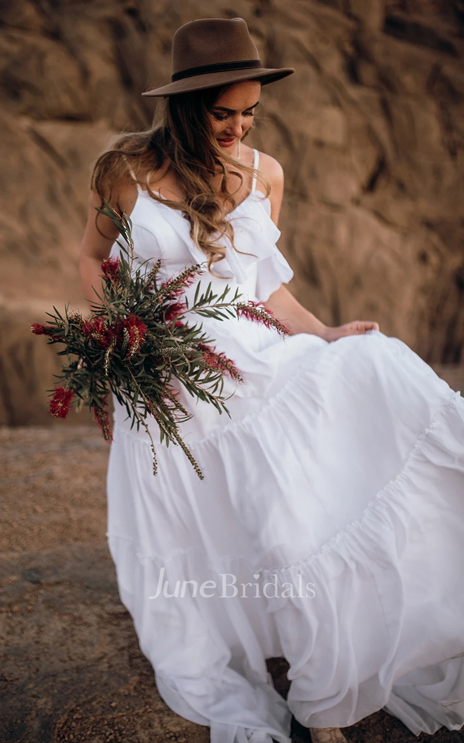 Casual Chiffon Spaghetti A Line Sleeveless Wedding Dress with Ruffles and Open Back