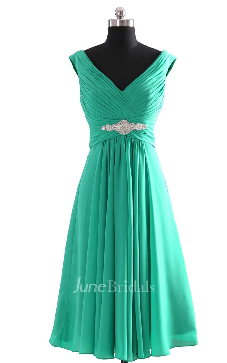 V-neckline Pleated Basque Waist Dress With Crystal