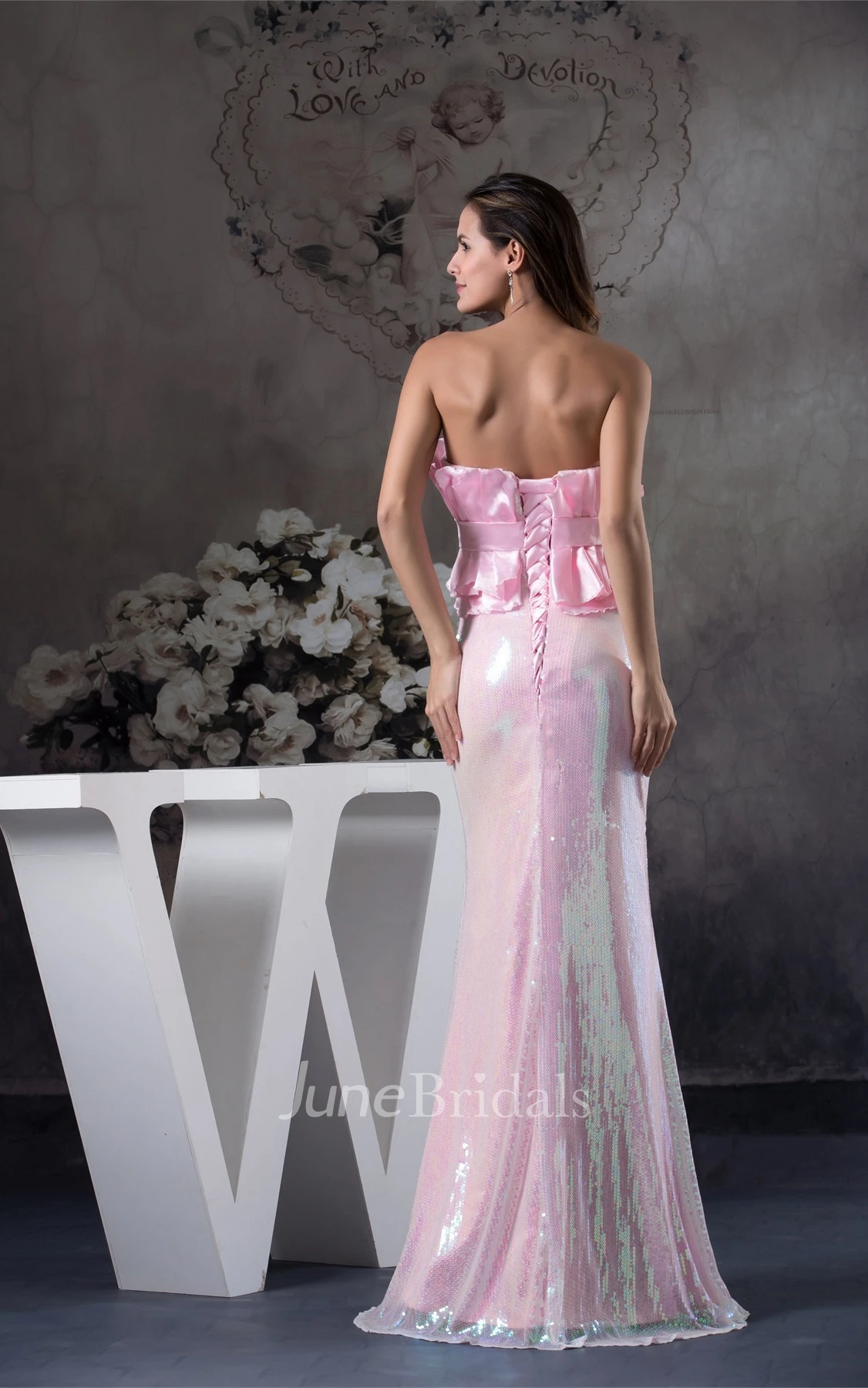 Strapless Sheath Floor-Length Dress with Flower and Ruffled Top