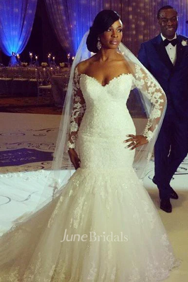 Glamorous Off-the-shoulder Long Sleeve Mermaid Wedding Dress With Appliques