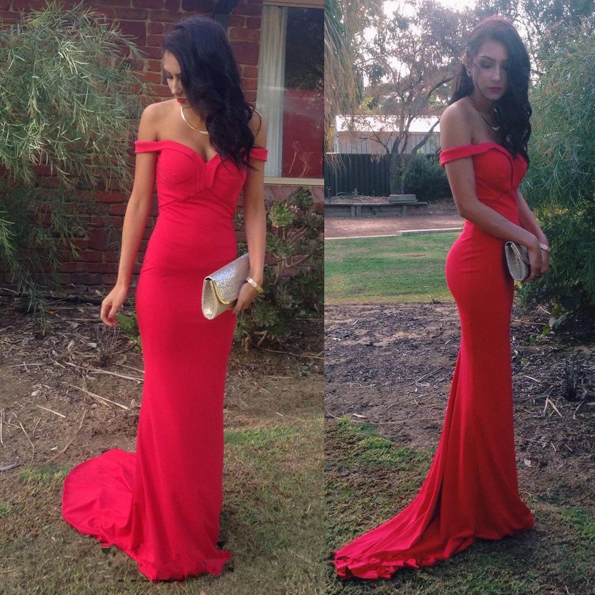Sexy Red Mermaid Sweep Train Prom Dress Off-the-shoulder
