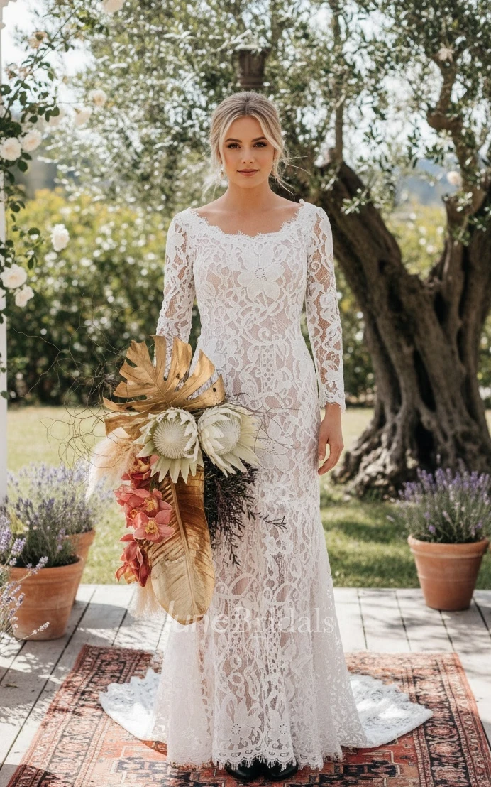 Boho Lace Mermaid Wedding Dress Beach Long Sleeves Low Back Bridal Gown