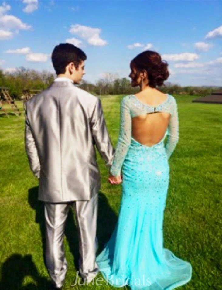 Glamorous Beadings Illusion Evening Dress Long Sleeve Sweep Train