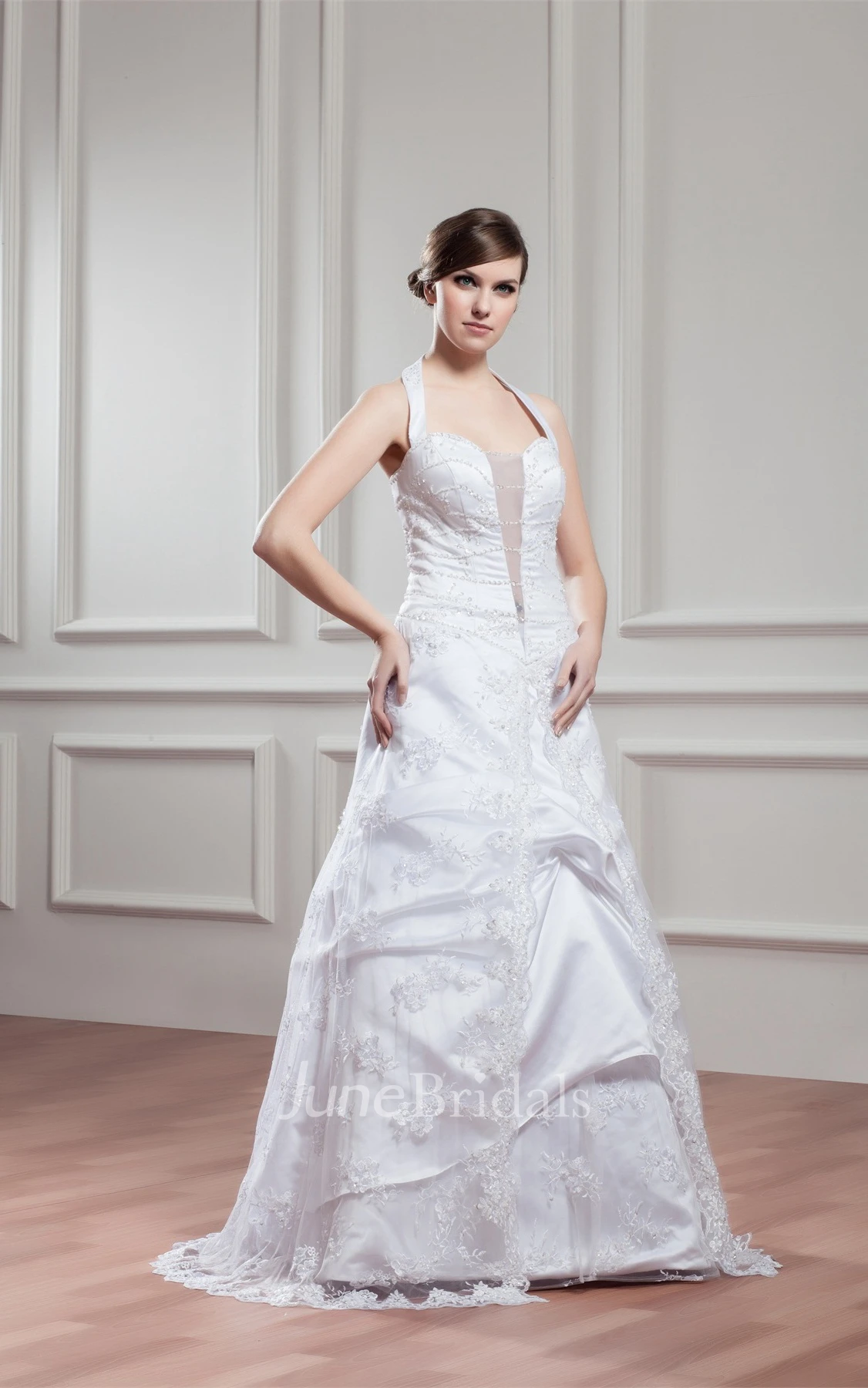 Sleeveless Appliqued A-Line Dress with Illusion and Halter