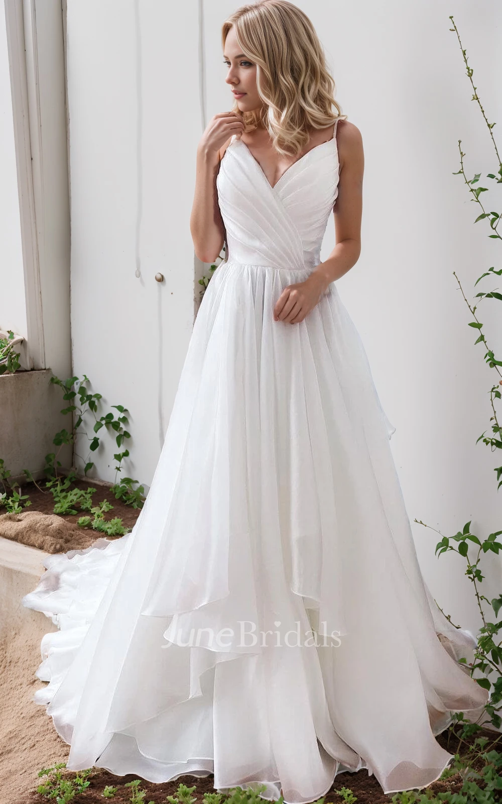 Ethereal Sexy A-Line Organza Wedding Dress Elegant Romantic Classic V-Neck  Ball Gown with Court Train - June Bridals