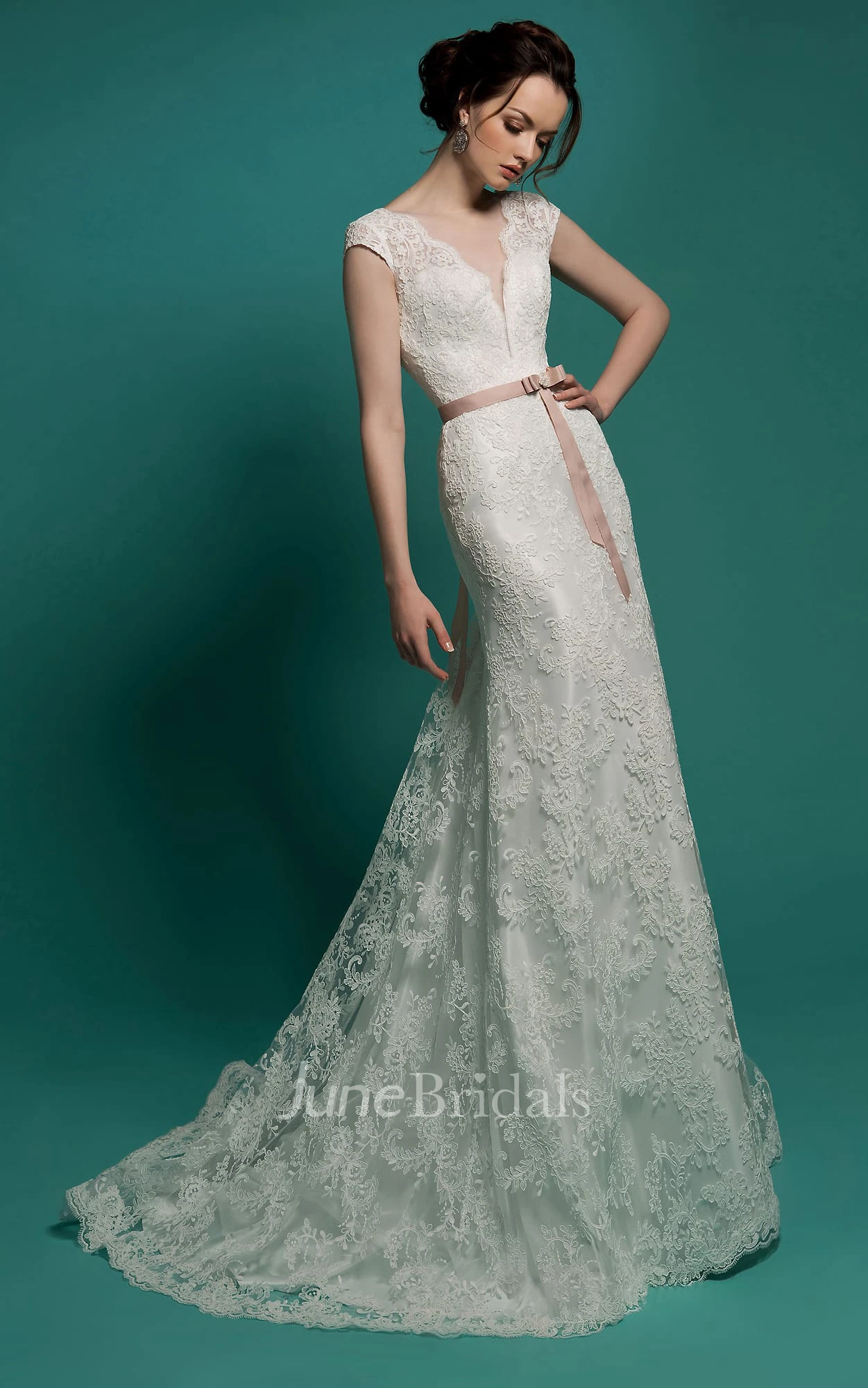 Mermaid Floor-Length V-Neck Cap-Sleeve Zipper Lace Dress With Sash And Detachable Train