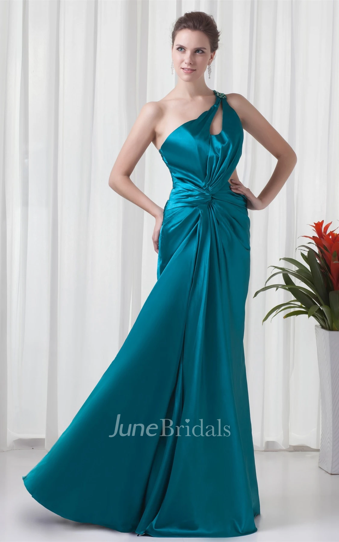 One-Shoulder Satin Maxi Dress with Keyhole and Epaulet